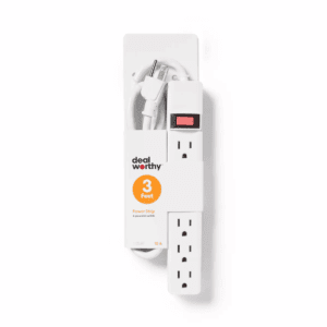 3' 6 Outlet Indoor Power Strip White - Dealworthy™: 15A 1875W Extension Cord, 14 AWG, 3Ft Cable, 1 Year Warranty