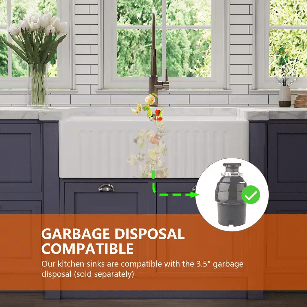 Eclipse White Ceramic 33 In. L 50/50 Rectangular Double Basin Farmhouse Apron Kitchen Sink with Grid and Strainer - Image 11