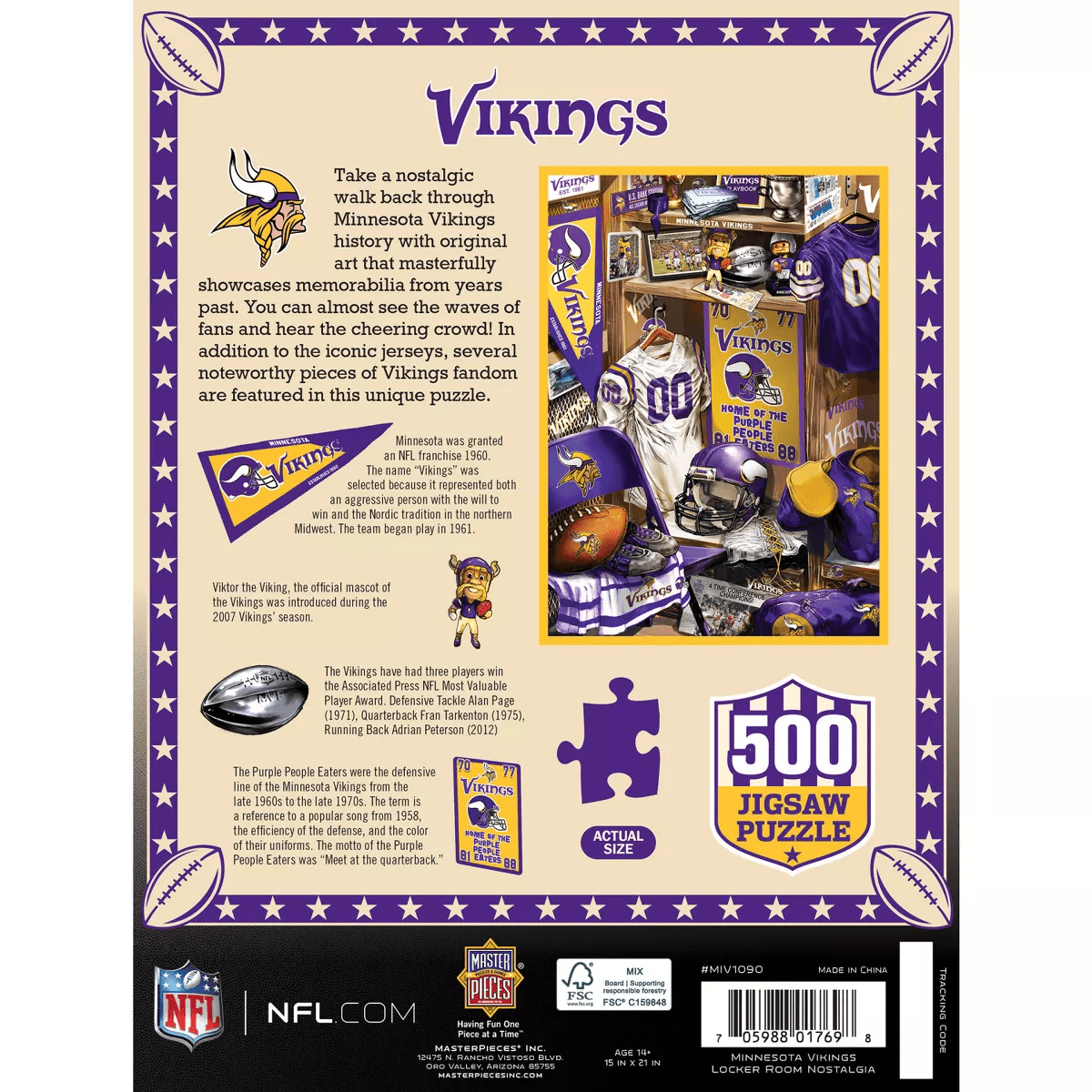 Masterpieces 500 Piece Puzzle - Minnesota Vikings Locker Room - 15"X21" - Image 4