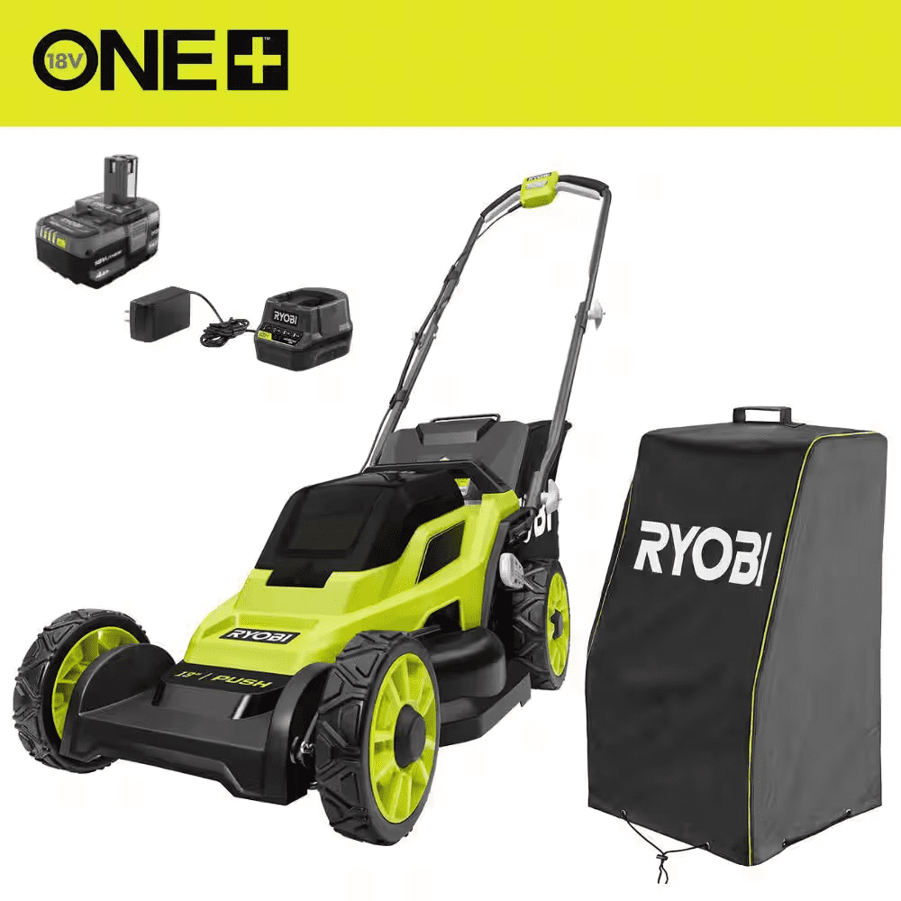 ONE+18V 13 In. Cordless Battery Walk behind Push Lawn Mower W/ Weatherproof UV Resistant Cover, 4.0 Ah Battery & Charger