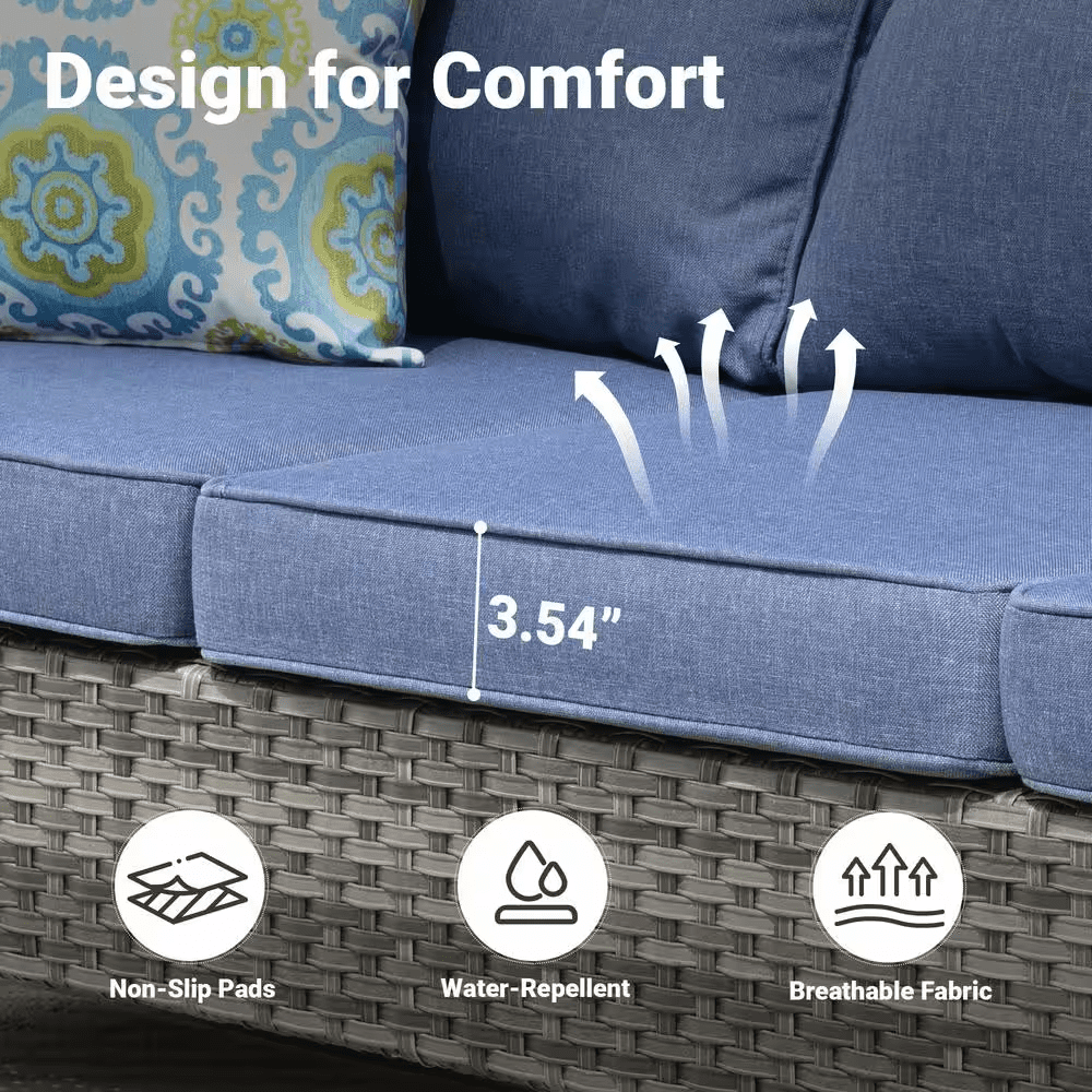 New Vultros Gray 5-Piece Wicker Outdoor Patio Conversation Seating Set with Blue Cushions - Image 7