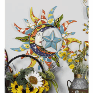 25 In. X 25 In. Metal Multi Colored Indoor Outdoor Sun and Moon Wall Decor with Abstract Patterns
