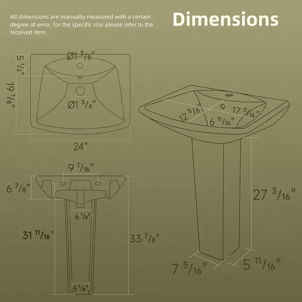 24 W X 19 D In. Pedestal Sink, White Rectangular Ceramic Freestanding Sink with Overflow and 1 Pre-Drilled Faucet Hole - Image 3
