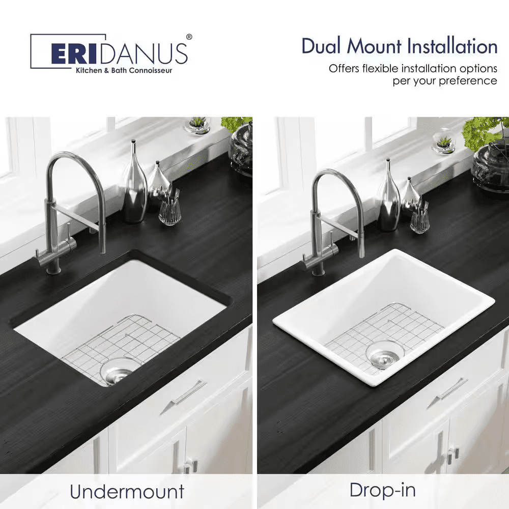 Oslo 24 In. Undermount Single Bowl White Ceramic Kitchen Sink with Bottom Grid and Basket Strainer - Image 4