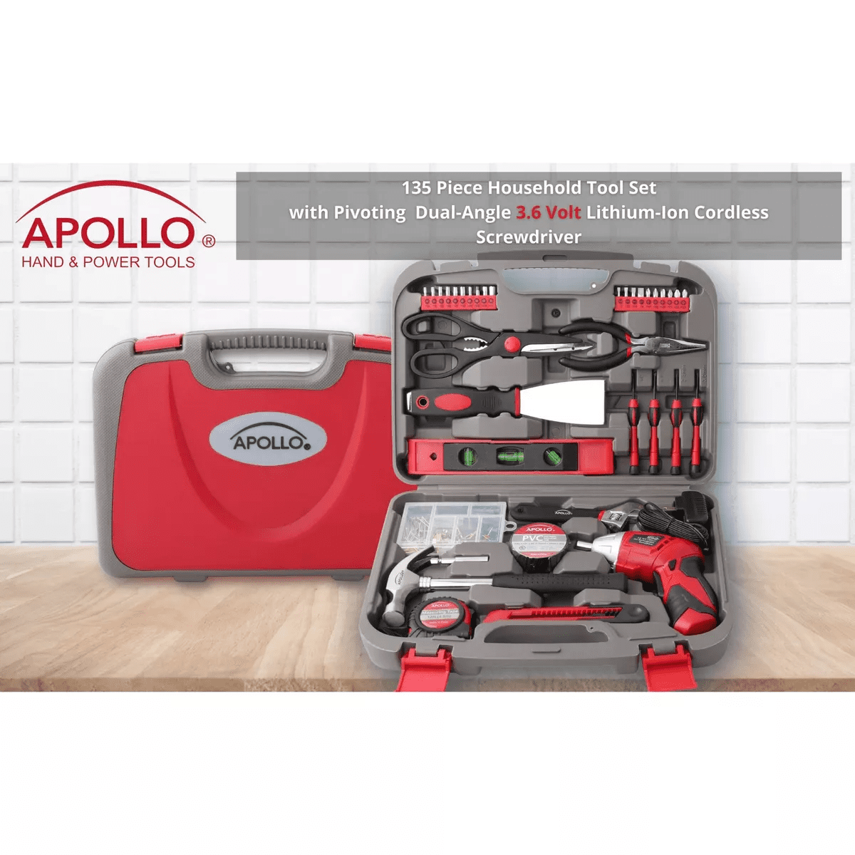 Apollo Tools 135Pc Household Tool Kit DT0773 Red: Chromed Steel Hand Tool Set with Carrying Case & Lifetime Warranty - Image 3