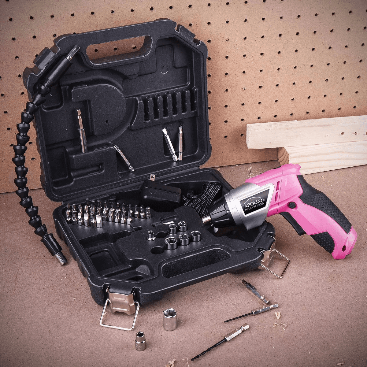 Apollo Tools DT4944P 3.6 Volt Rechargeable Screwdriver with 45Pc Accessory Set Pink: Hand Drill Tool Kit, Lithium Ion Battery - Image 5