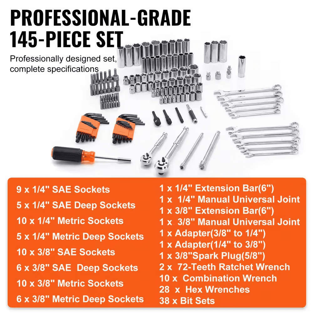 145 Pcs Mechanics Tool Set, 1/4 In. & 3/8 In. Drive Deep/Standard Sockets, SAE & Metric, Wrenches, Bits, Case - Image 5