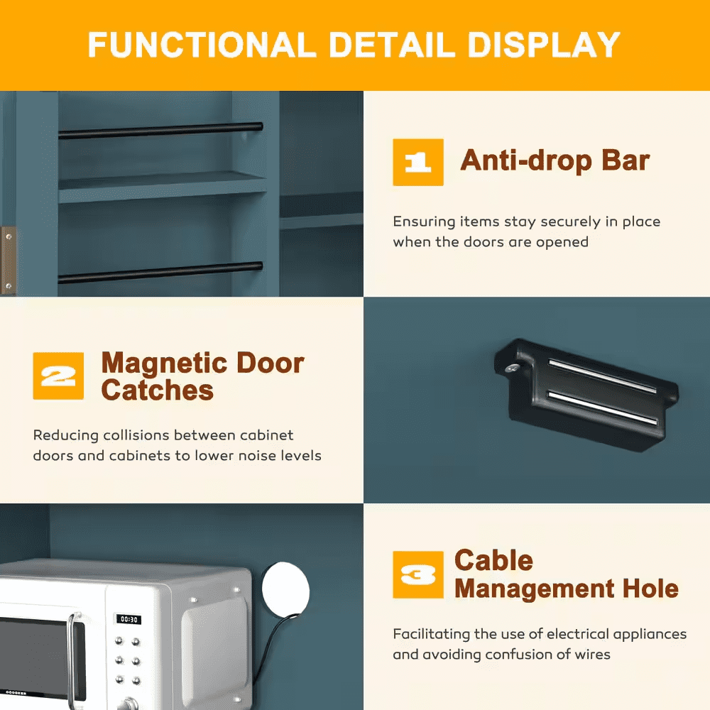 30.7 In. W Blue MDF Kitchen Buffet Pantry Storage Cabinet with Adjustable Shelf and Microwave Stand - Image 6