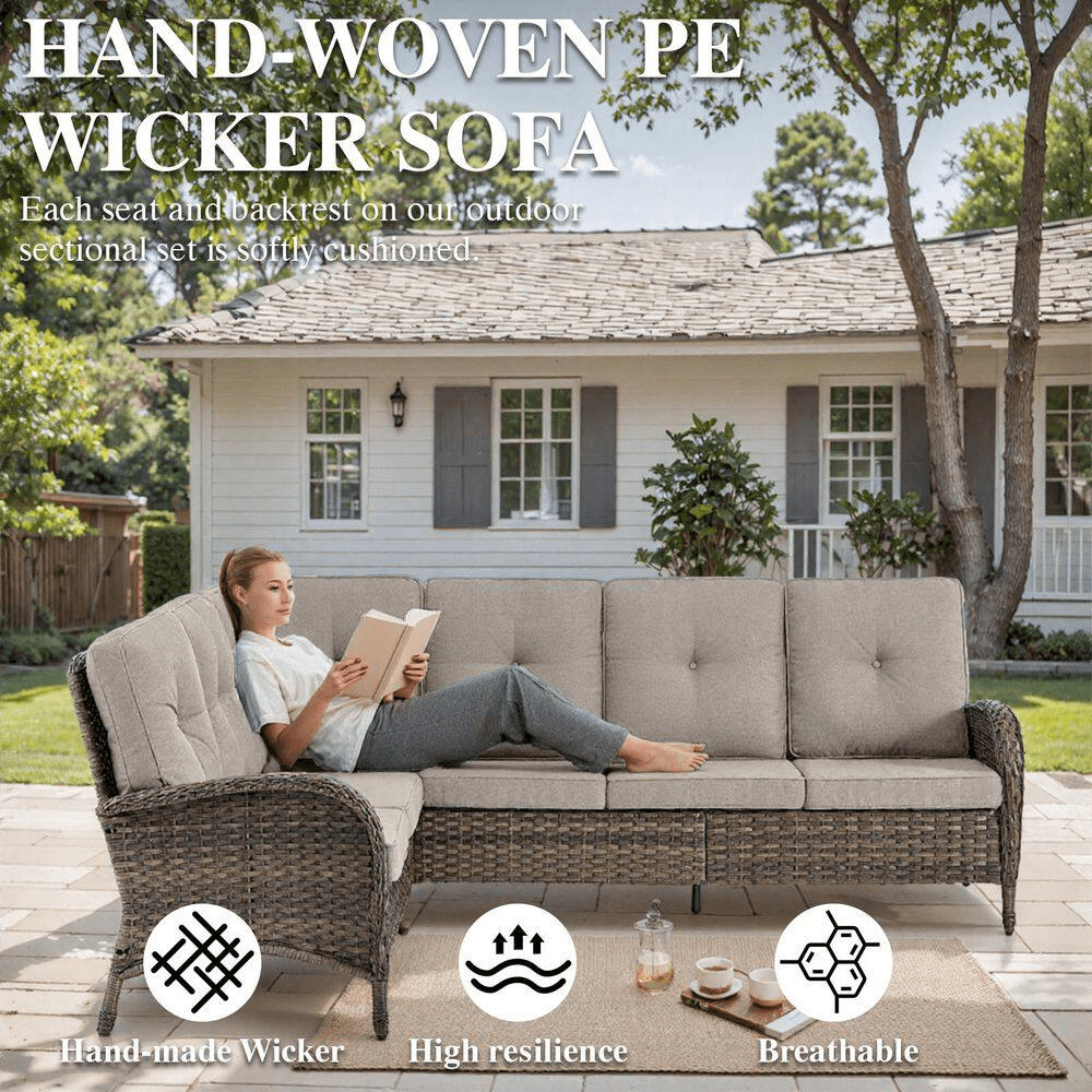 Carlos 8-Piece All-Weather Brown Wicker Patio Conversation Set with Beige Cushions and Coffee Table - Image 7