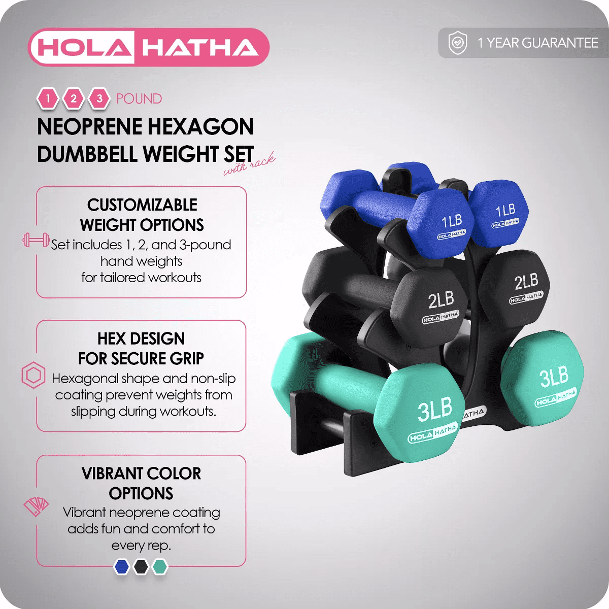 Holahatha Hex Dumbbell Set with Hand Weights and Storage Rack - Image 2