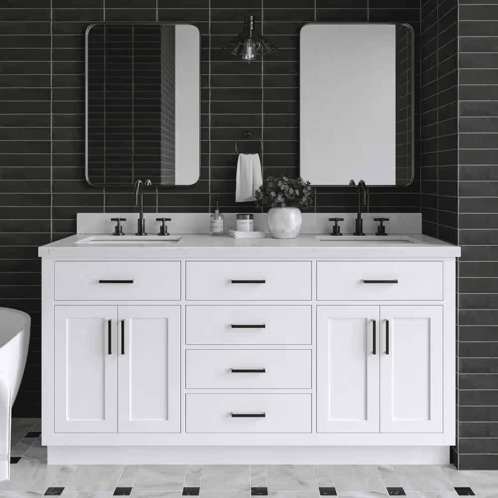 Hepburn 66 In. Double Sink Freestanding Bathroom Vanity in White with Carrara White Quartz Top