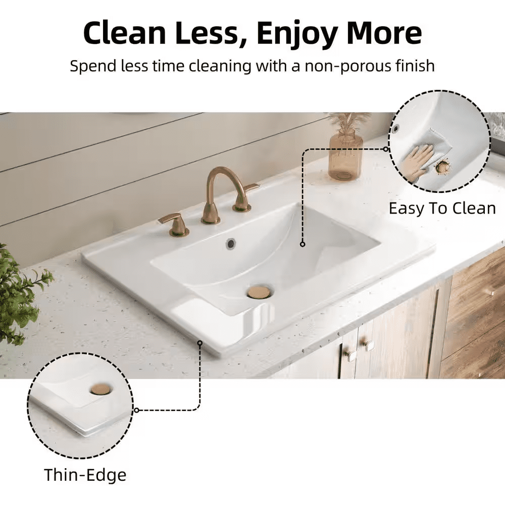 Rectangular Drop-In Bathroom Sink 24 In. X 18 In. White Ceramic Semi-Recessed Vessel Sink with Widespread Faucet Holes - Image 4