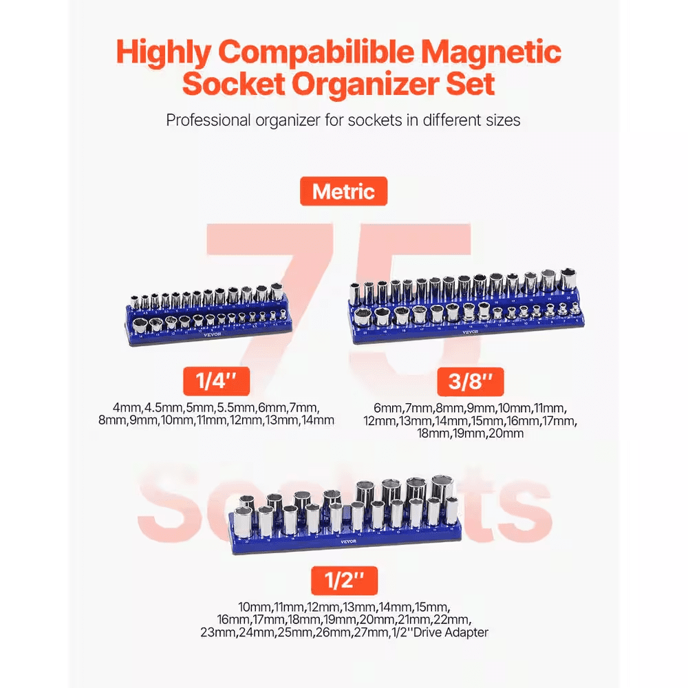 Magnetic Socket Organizer Set, 3-Pieces Magnetic Socket Holder, 1/4 In., 3/8 In. and 1/2 In. Metric Socket Trays - Image 2