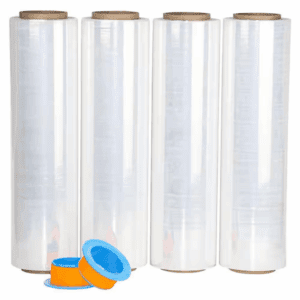 18 X 1000 Ft. Clear Stretch Wrap Roll with Plastic Handle 80 Gauge 4 Pack Self-Adhering for Shipping and Moving