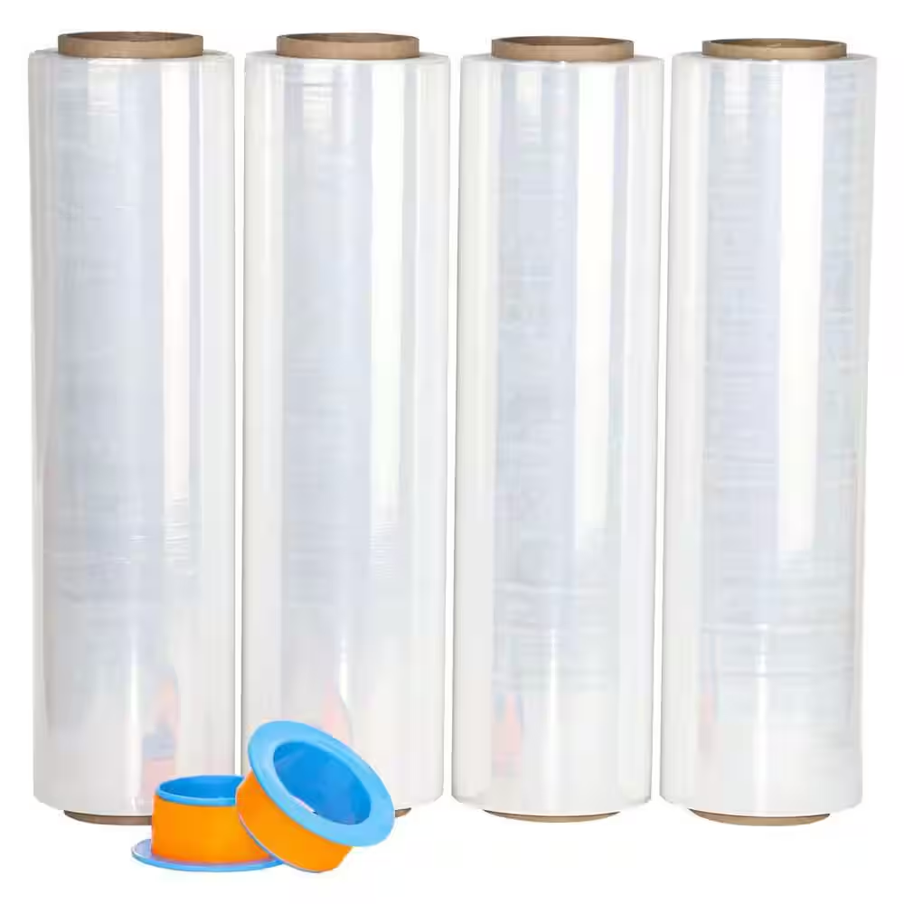 18 X 1000 Ft. Clear Stretch Wrap Roll with Plastic Handle 80 Gauge 4 Pack Self-Adhering for Shipping and Moving