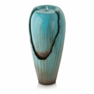 33 In. Tall Ceramic Outdoor Jar Water Fountain with LED Light, Turquoise