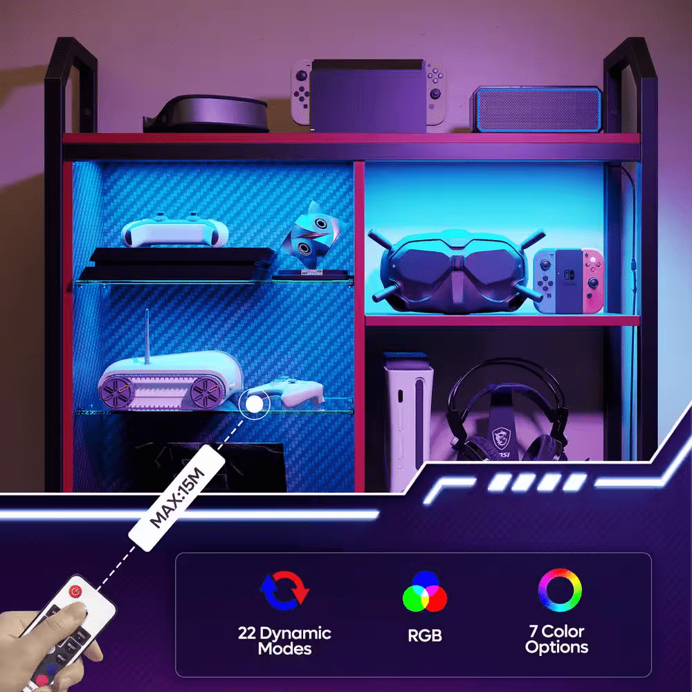 33.07 In. W X 7.8 In. D Black Carbon Fiber Composite Decorative Wall Shelf with LED Lights and Towel Rack - Image 3