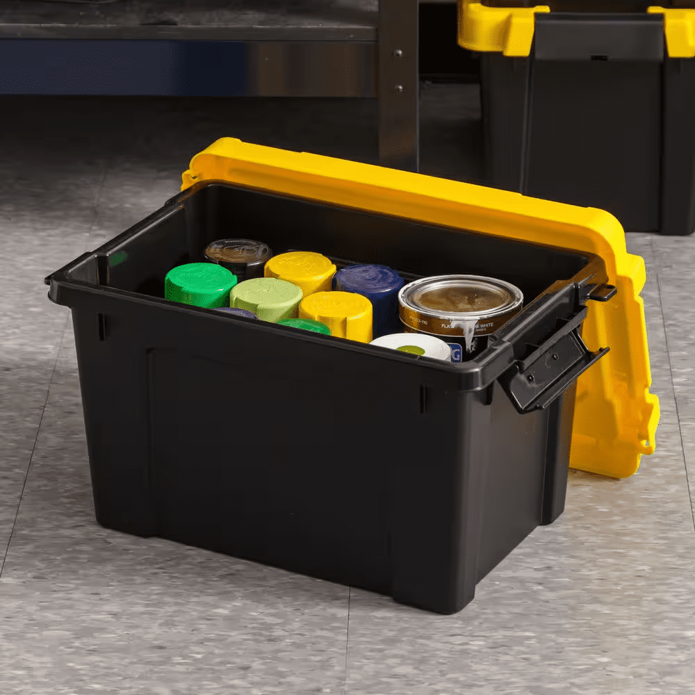 5 Gal. Heavy-Duty Stackable Storage Tote, Black with Yellow Lid (Set of 4) - Image 3