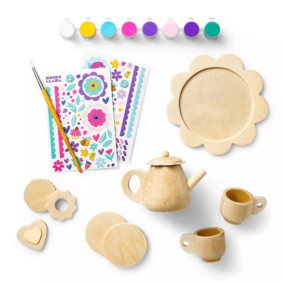 Paint-Your-Own Wood Tea Set Kit - Mondo Llama™: Custom Tea Sets for 4 Year Olds, Includes Paint & Stickers - Image 2