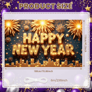 Golden Happy New Year Banner Lighted New Year Banner Fireworks Decor Star Pattern Celebration Banner for New Year Party Holiday Celebration Indoor Decoration