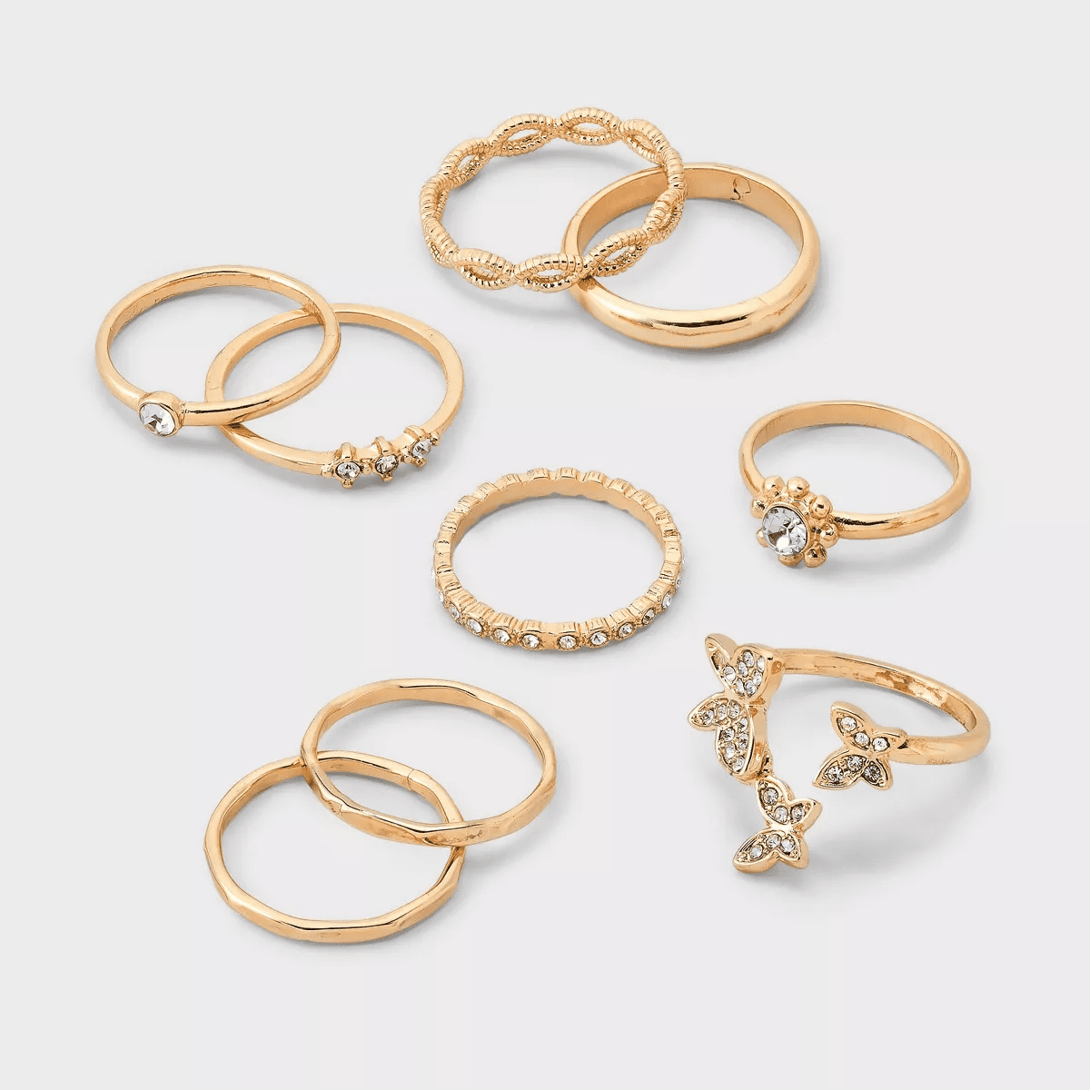 Crystal Floating Butterfly Ring Set 8Pc- Wild Fable™ Gold: Stacking Rings, Recycled Zinc, Sizes 6-8