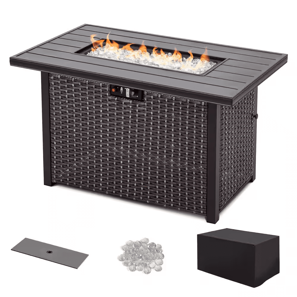 Brown 43 In. 50000 BTU Rectangular Wicker Aluminum Propane Gas Outdoor Fire Pit Table with Removable Lid Fire Glass - Image 3
