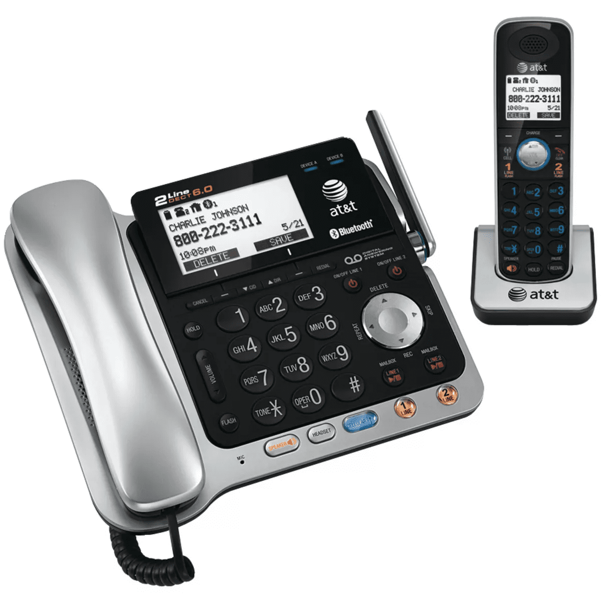 AT&T® 2-Line 2-Handset DECT 6.0 Expandable Cordless Phone System for Landline, Answering System, Bluetooth® Connect to Cell, and Caller ID in Black