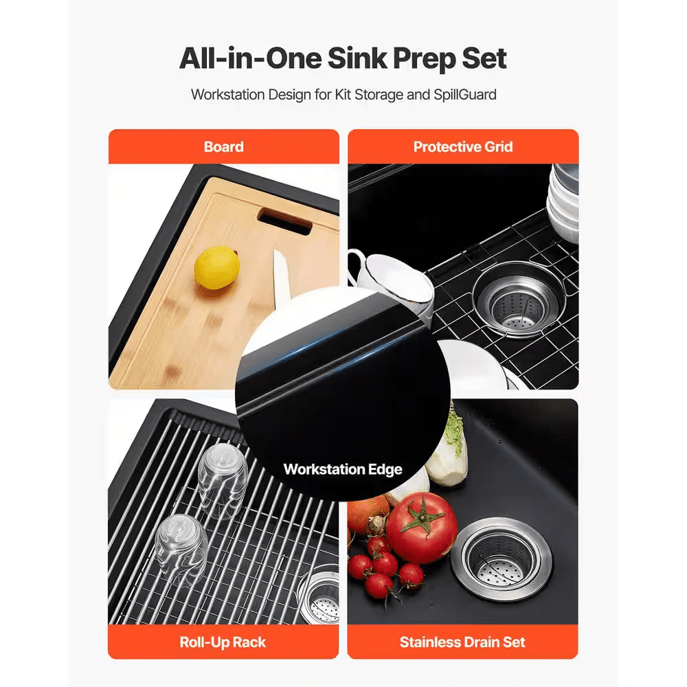 30 In. Undermount/Drop-In Granite Kitchen Sink Workstation Quartz and Resin Single Bowl W/ Accessories Black 2025 Update - Image 3