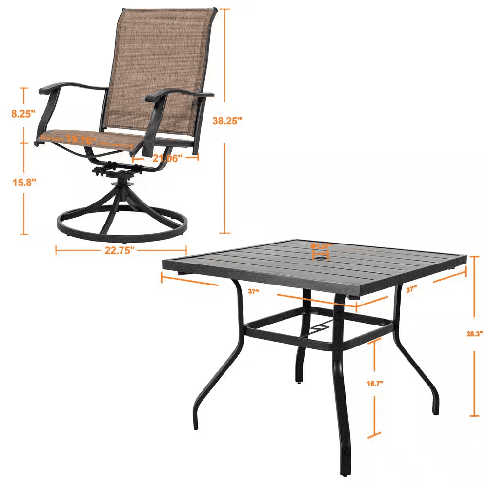 5-Piece Steel Sling Outdoor Patio Dining Set with Square Table and Swivel Dining Chairs in Brown - Image 3
