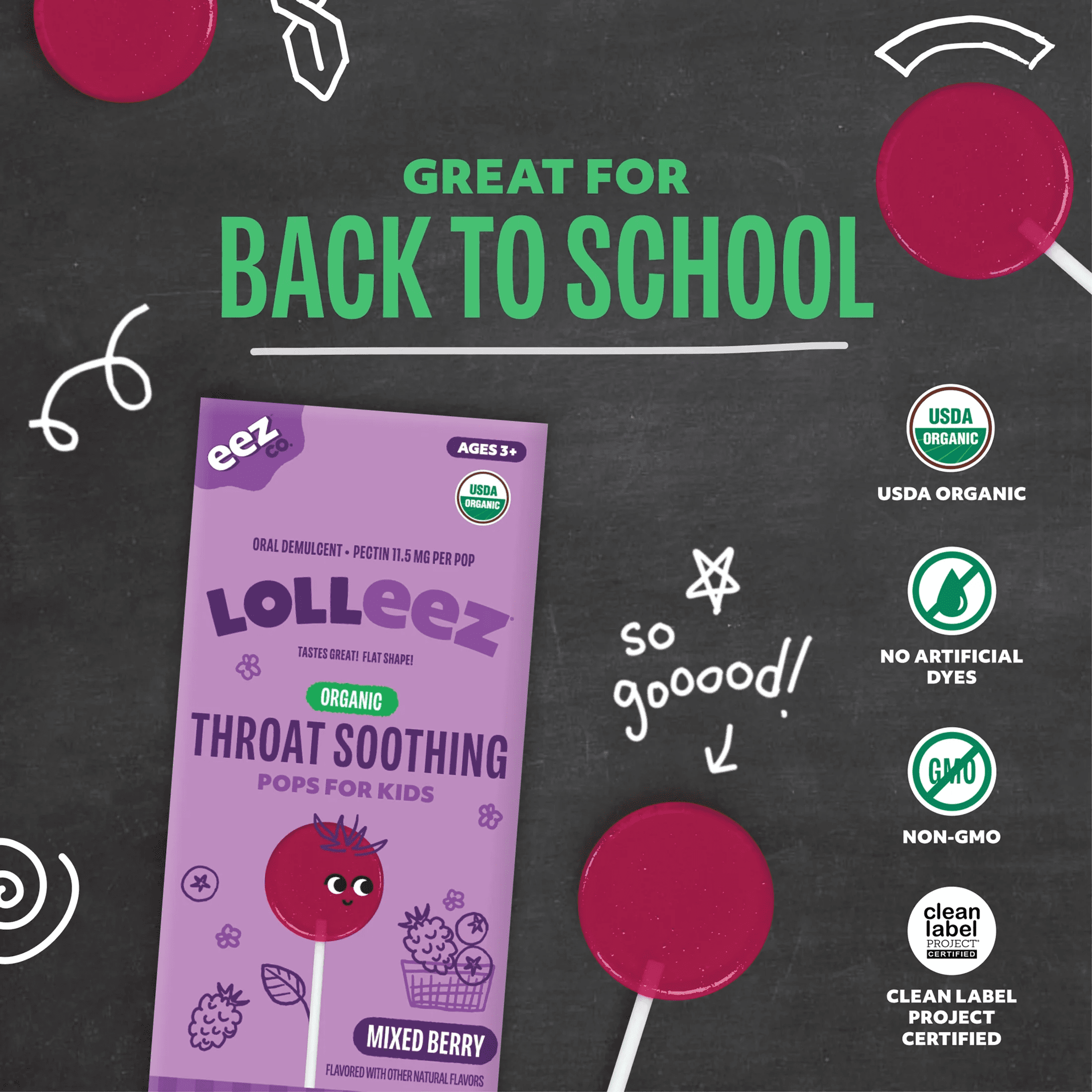 Organic Mixed Berry Throat Soothing Lollipops for Kids, 10 Count - Image 2