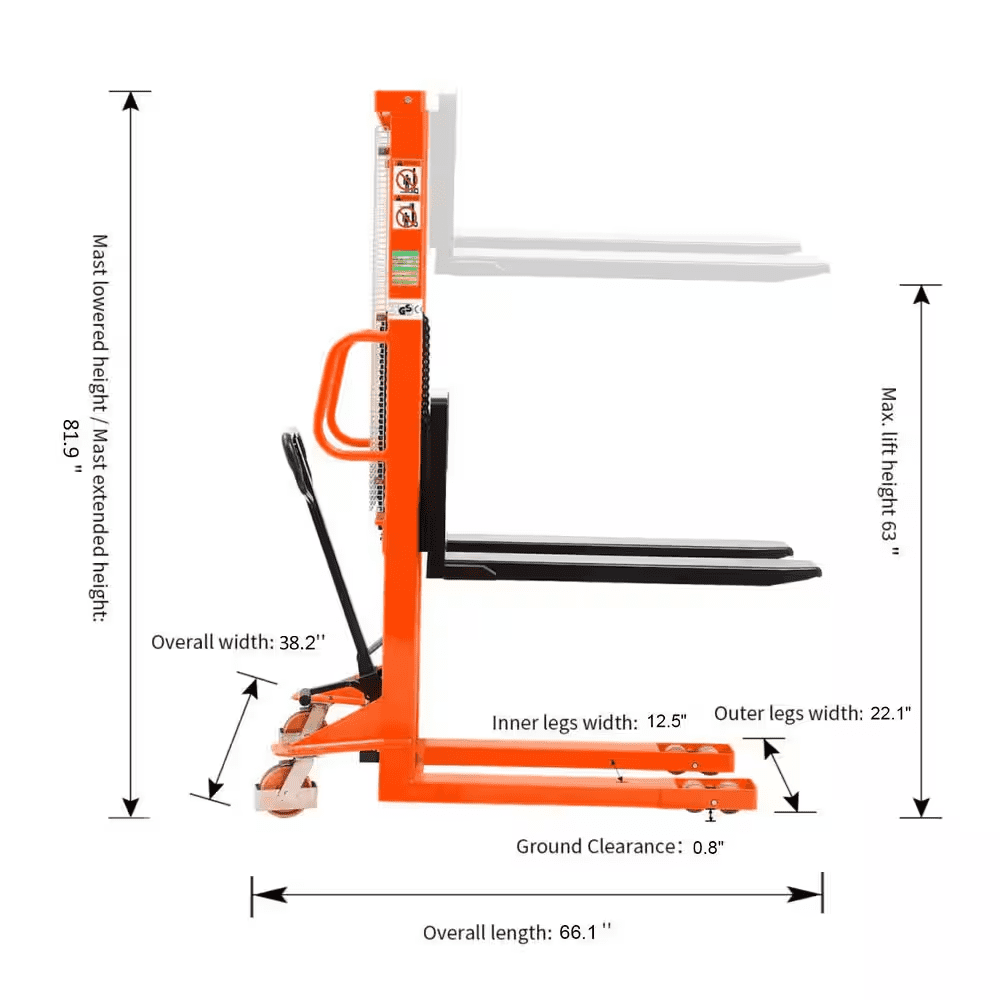 2200 Lbs. Fixed Legs Manual Pallet Stacker 63 In. Max Lifting Hand Pallet Stacker with Adjustable Forks Orange - Image 3