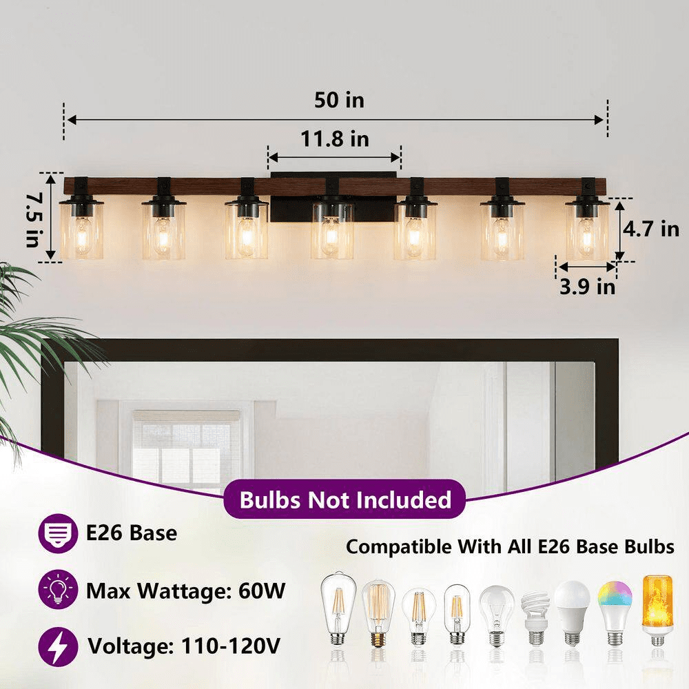 50 In. 7-Light Black and Walnut Industrial Bathroom Vanity Light with Clear Glass Shade - Image 6