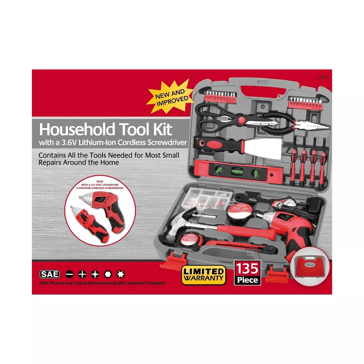 Apollo Tools 135Pc Household Tool Kit DT0773 Red: Chromed Steel Hand Tool Set with Carrying Case & Lifetime Warranty - Image 8
