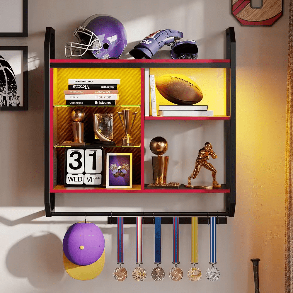 33.07 In. W X 7.8 In. D Black Carbon Fiber Composite Decorative Wall Shelf with LED Lights and Towel Rack - Image 2