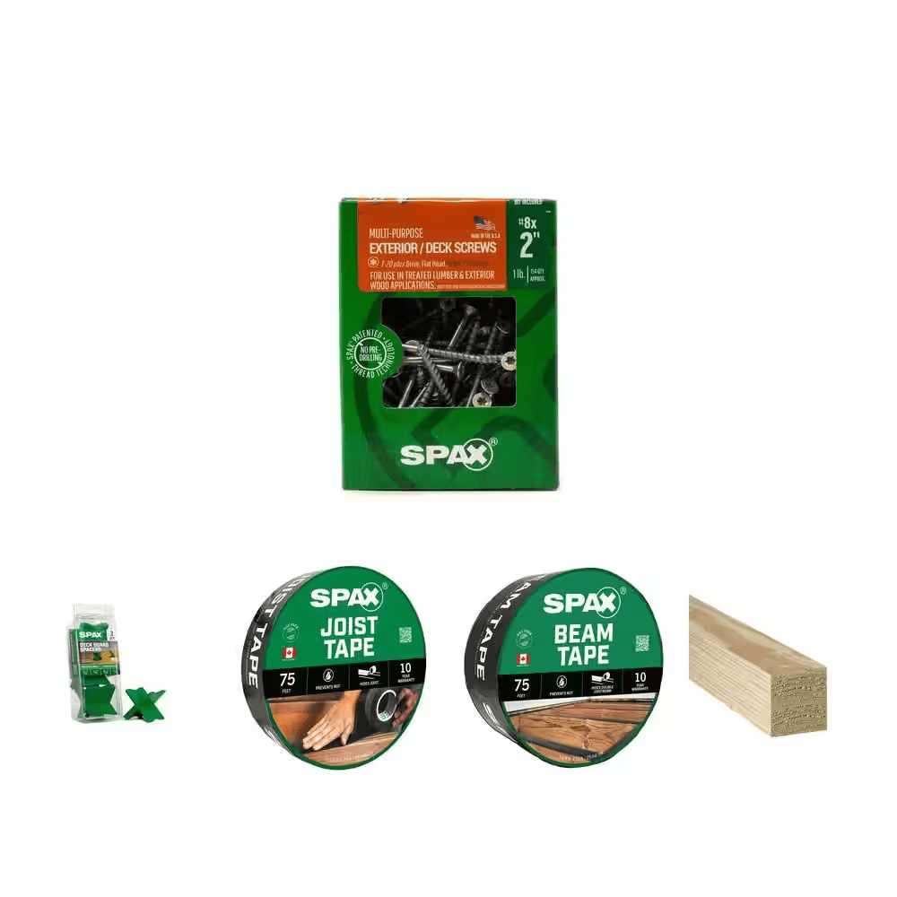 #8 X 2 In. Deck Screws 154Pc, Screw Spacer Tool 3Pc, 1 5/8 In. and 3 1/3 In. Deck Tape 1Pc, 4 In. Timber