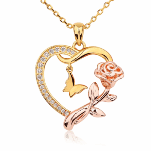 Heart Necklace for Women 14K Gold Plated CZ Romantic Rose and Butterfly Jewelry Gift for Women Birthday Valentine'S Day