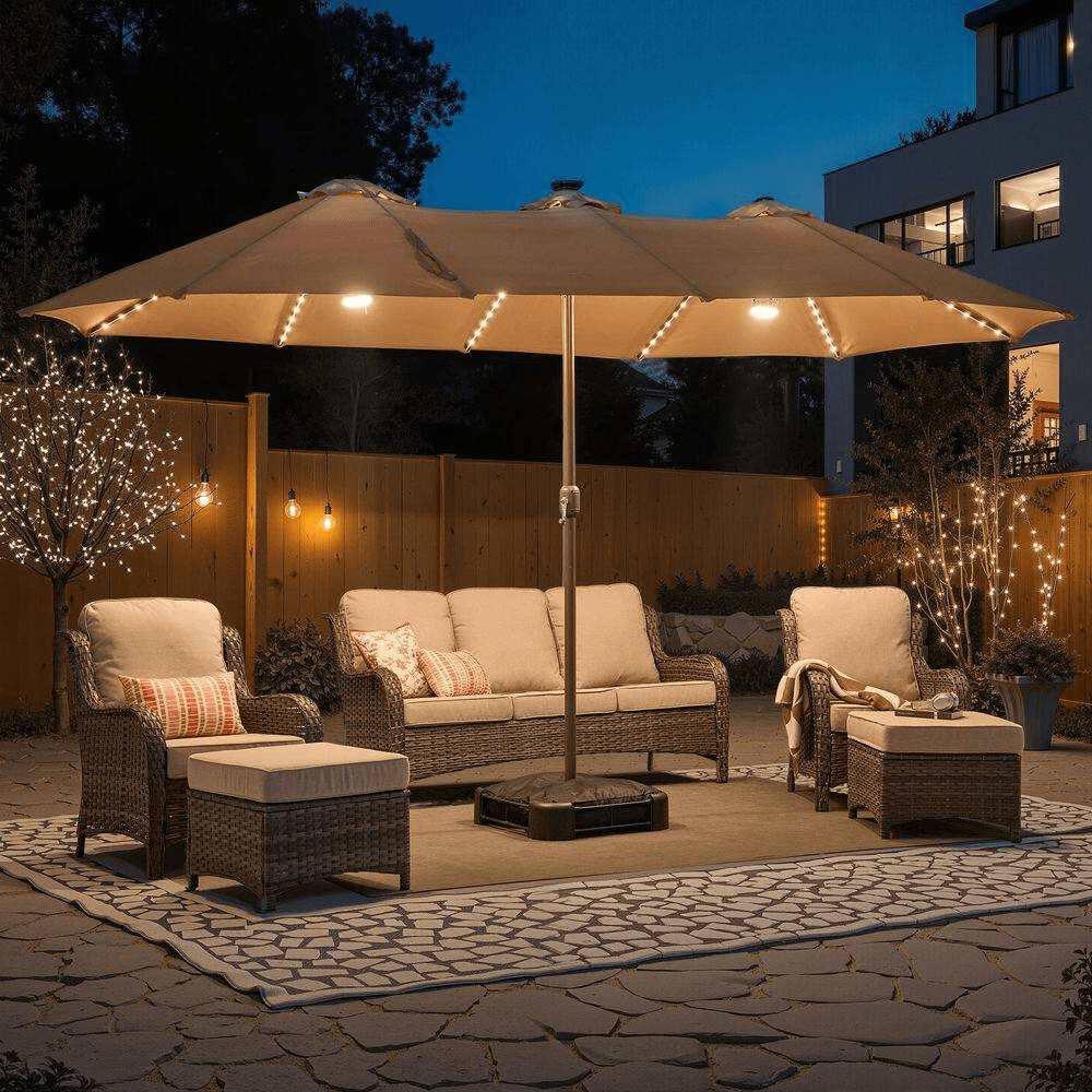 Extra-Large 8.5 X 14.5 Ft. Rectangular Patio Umbrella with Solar Light, Steel Frame, Stand and Sand Bags in Beige - Image 2