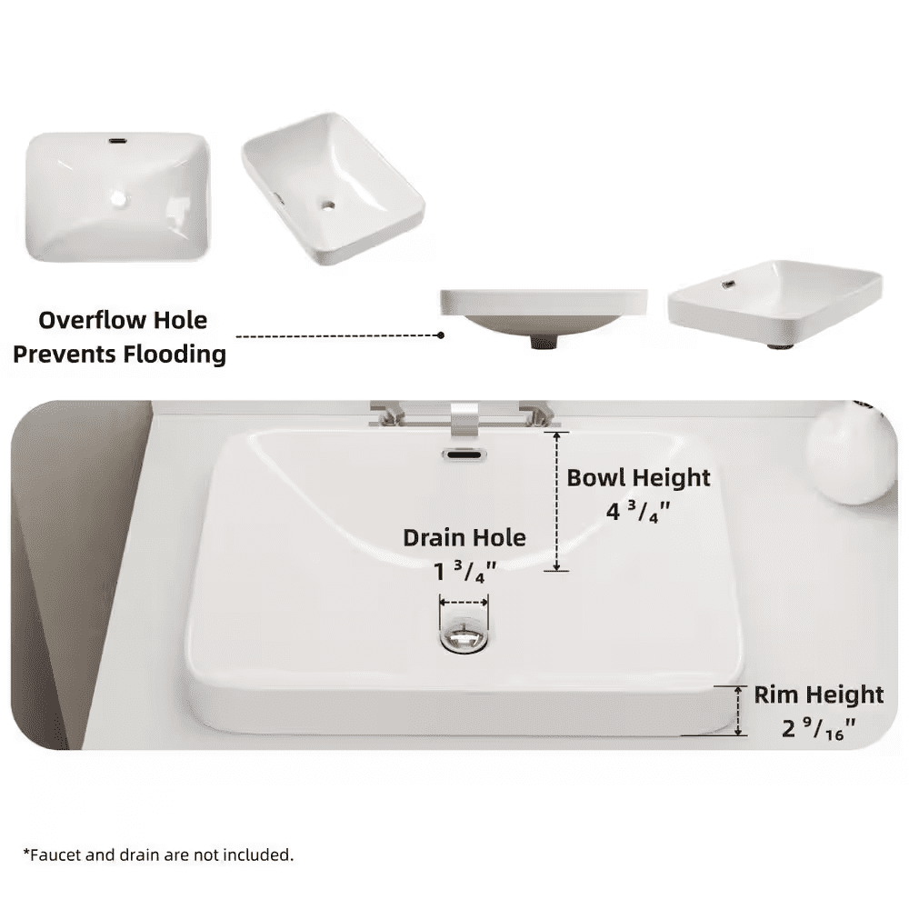 Rectangular Semi Recessed Bathroom Sink 20 In. X 14 In. White Ceramic Vessel Sink with Rear Overflow and Rounded Corners - Image 2
