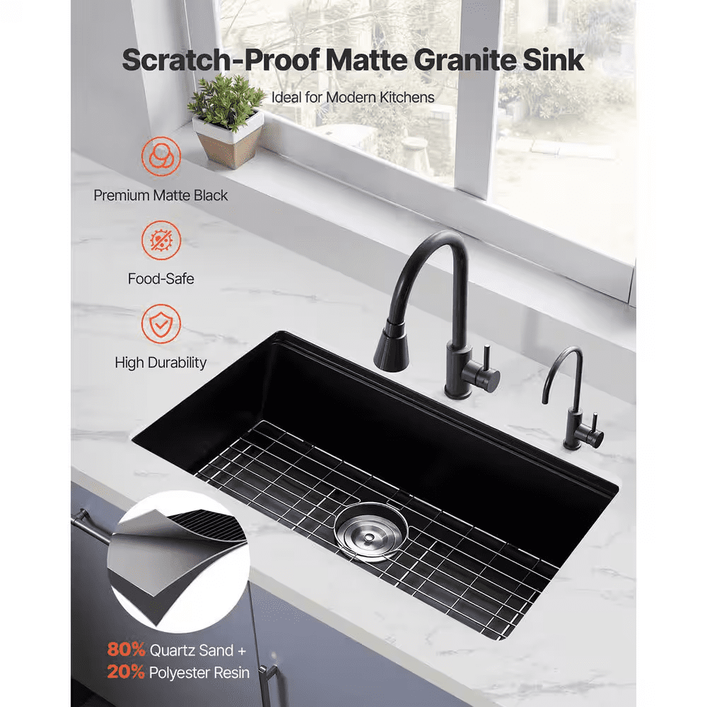 30 In. Undermount/Drop-In Granite Kitchen Sink Workstation Quartz and Resin Single Bowl W/ Accessories Black 2025 Update - Image 6