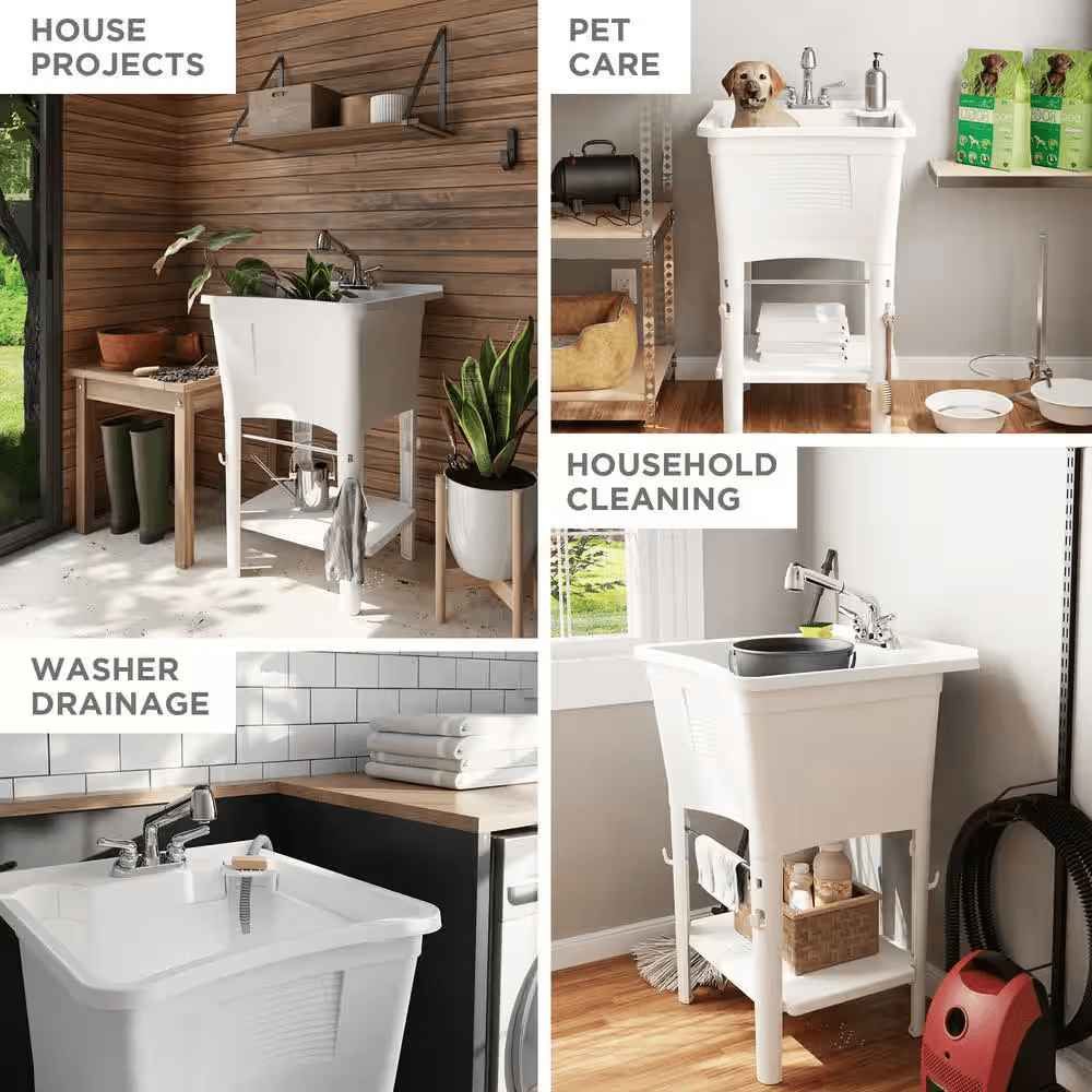 24.1 In. L X 24.1 In. W X 36.7 In. H Laundry Sink / Utility Sink Work Center in White with Pull-Out Faucet in Chrome - Image 3