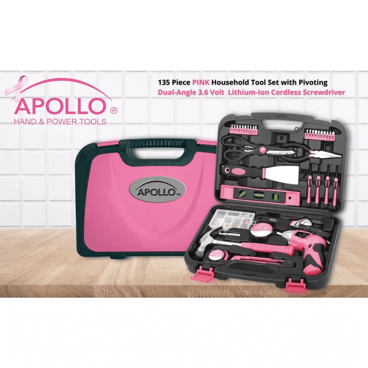 Apollo Tools 135Pc Household Tool Kit DT0773N1 Pink: Women'S Tool Set with Chrome-Plated & Carrying Case - Image 2