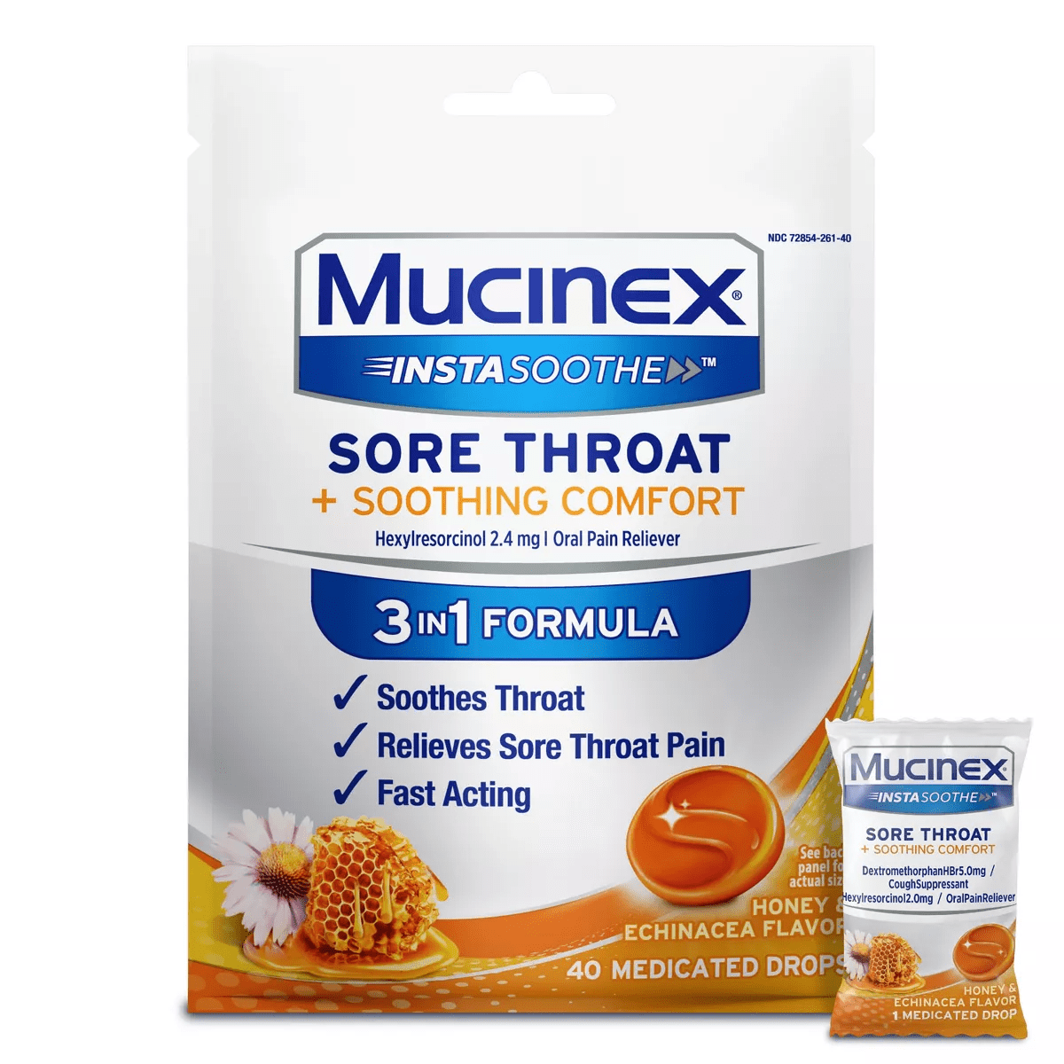 Mucinex Instasoothe Sore Throat Medicated Drops - Honey & Echinacea - 40Ct