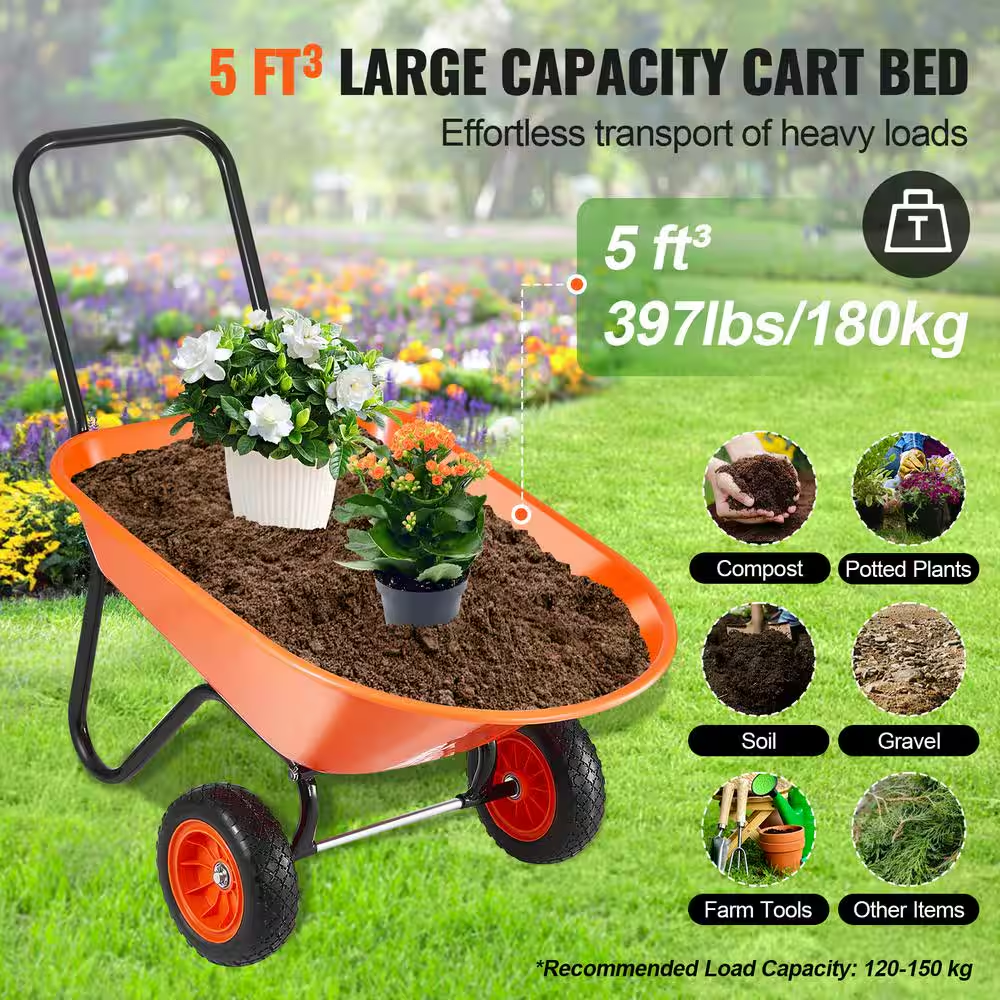 Wheelbarrow Cart, 5 Cu. Ft. Load and 397 Lbs. Capacity, 2-Wheels Garden Dump Garden Wagon with Handle 10 In. Plastic - Image 4