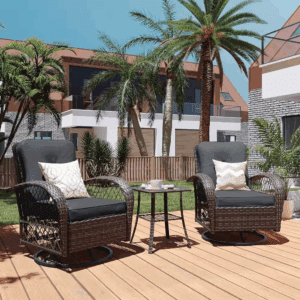 3-Piece Brown Wicker 360° Patio Conversation Outdoor Rocking Chair Set with Dark Gray Cushions