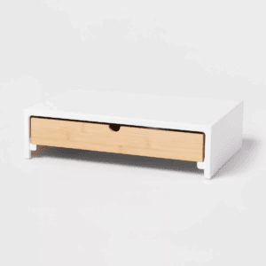 White Monitor Stand with Drawer - Brightroomâ„¢: Desk Organizer, Office Supplies, Bamboo & Steel, Monitor Riser