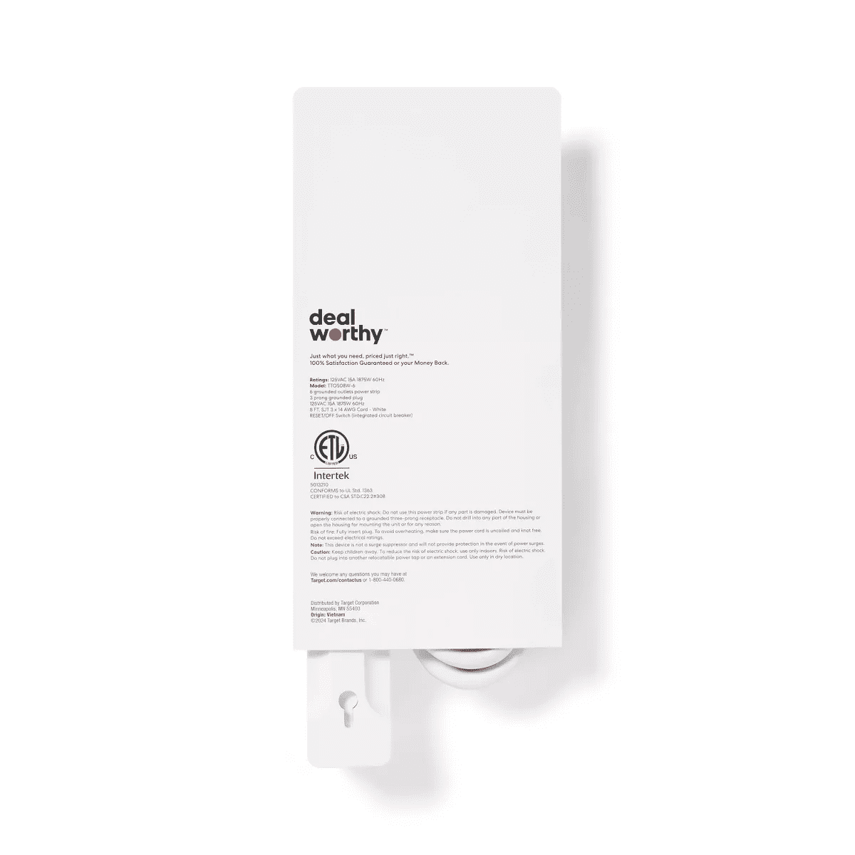 8' 6 Outlet Indoor Power Strip White - Dealworthy™: 15A, 1875W, 14 AWG, 8Ft Extension Cord, 3 Conductors - Image 3