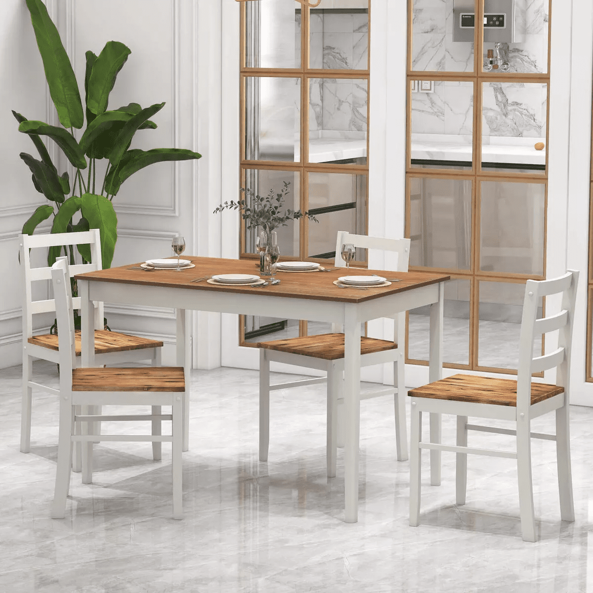 Costway 5-Piece Dining Set Solid Wood Kitchen with Rectangular Table & 4 Chairs Natural/Coffee/Grey - Image 5