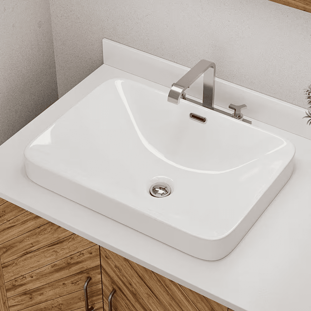 Rectangular Semi Recessed Bathroom Sink 20 In. X 14 In. White Ceramic Vessel Sink with Rear Overflow and Rounded Corners