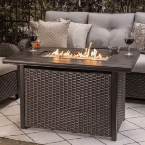 Brown 43 In. 50000 BTU Rectangular Wicker Aluminum Propane Gas Outdoor Fire Pit Table with Removable Lid Fire Glass