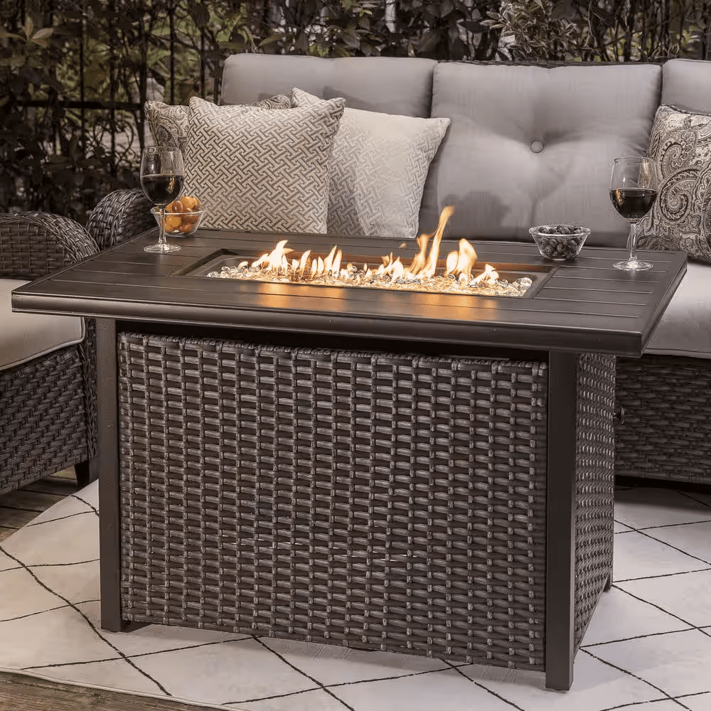 Brown 43 In. 50000 BTU Rectangular Wicker Aluminum Propane Gas Outdoor Fire Pit Table with Removable Lid Fire Glass